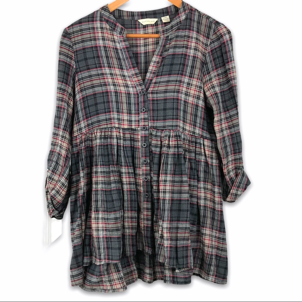 Anthropologie 11•1•Tylho Plaid Peplum Ruffle Top